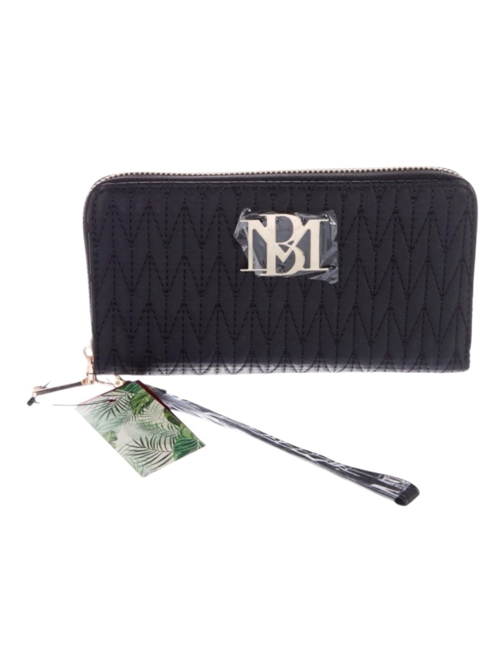 Badgley Mischka Quilted Black Zip Around Wallet with Wristlet Vegan Leather